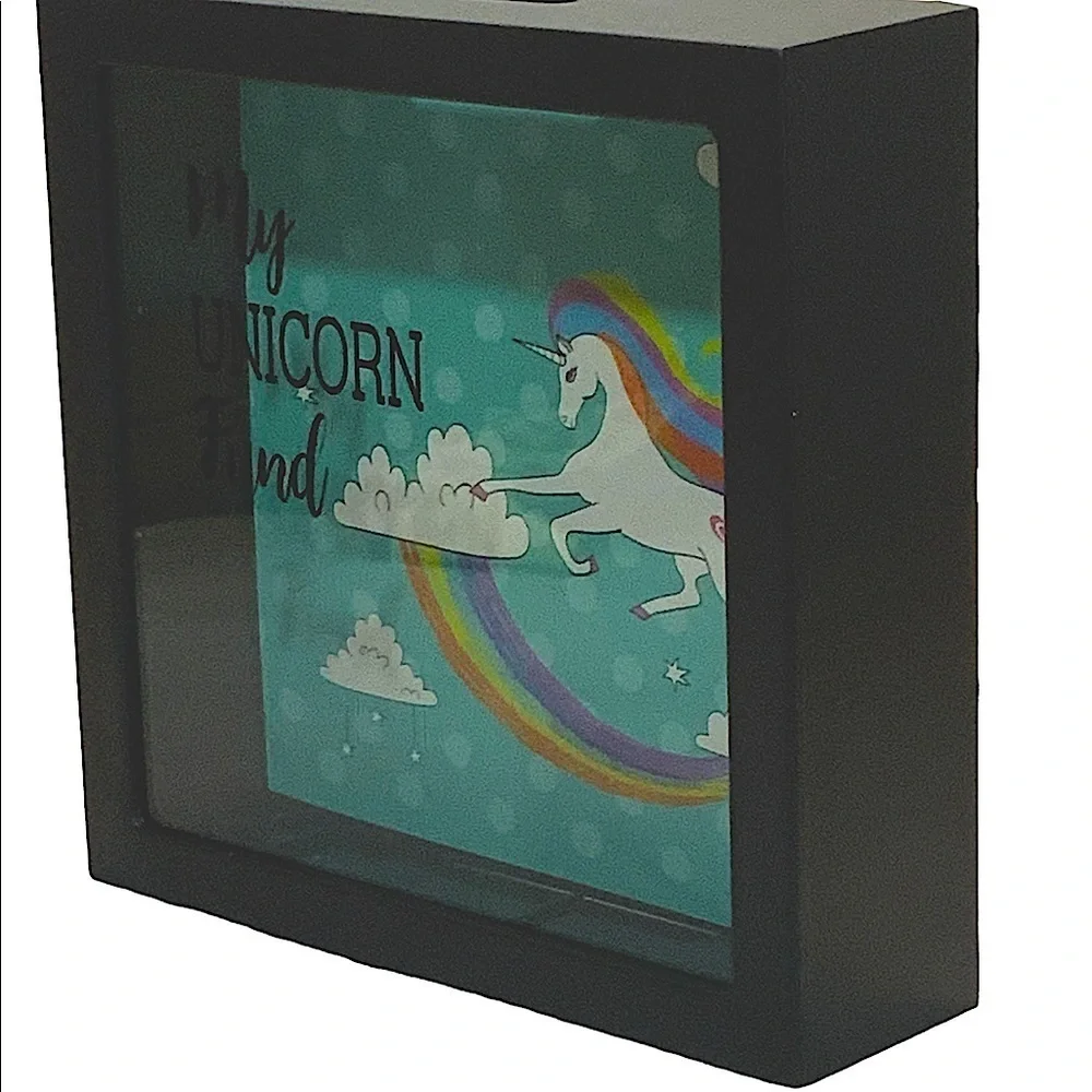 Unicorn Piggy Bank Clear View Front Rainbow Polka Dots Square 6 in x 6 in